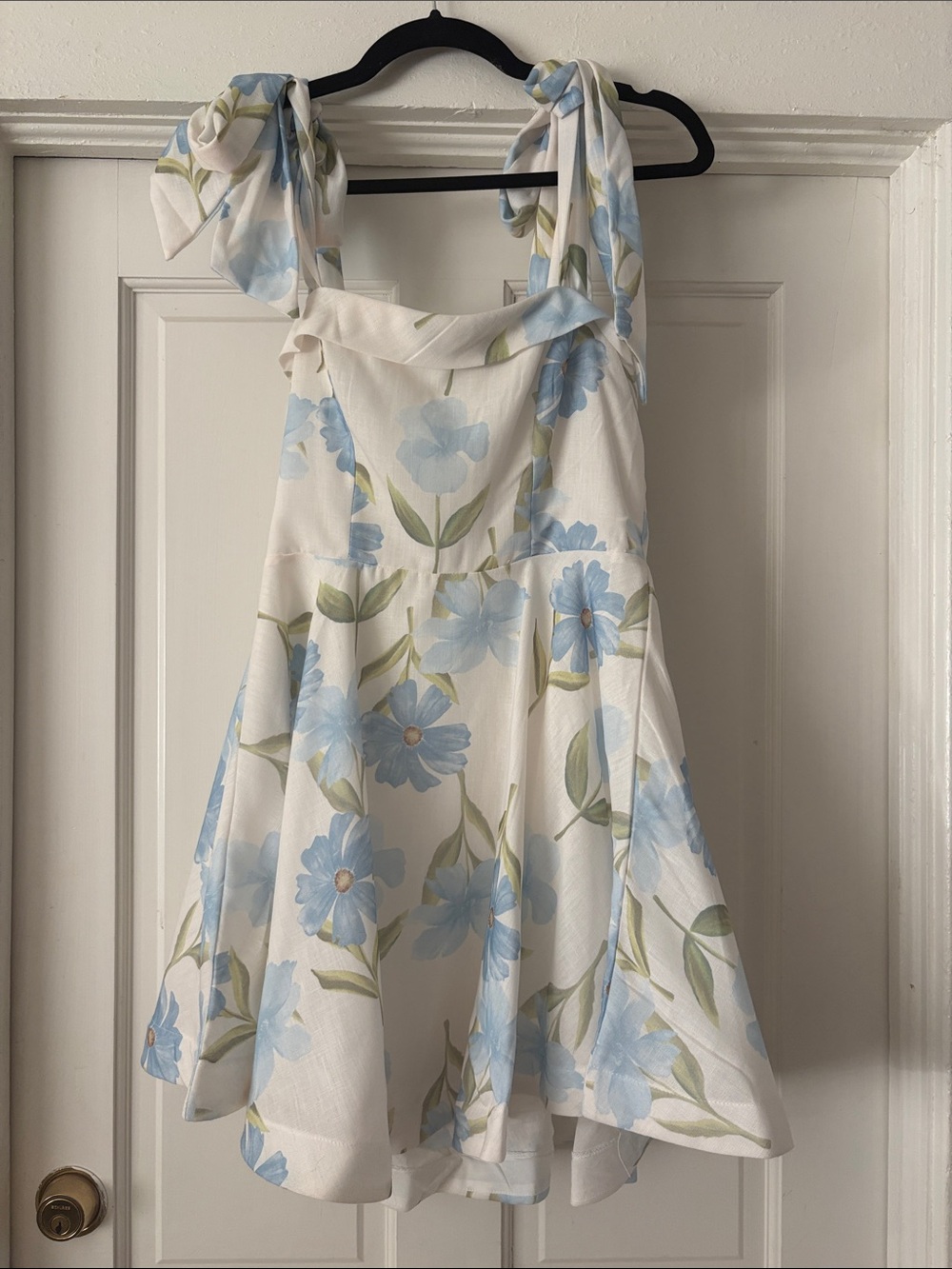 White Midi Dress with Light Blue Floral Print and Tie Shoulders